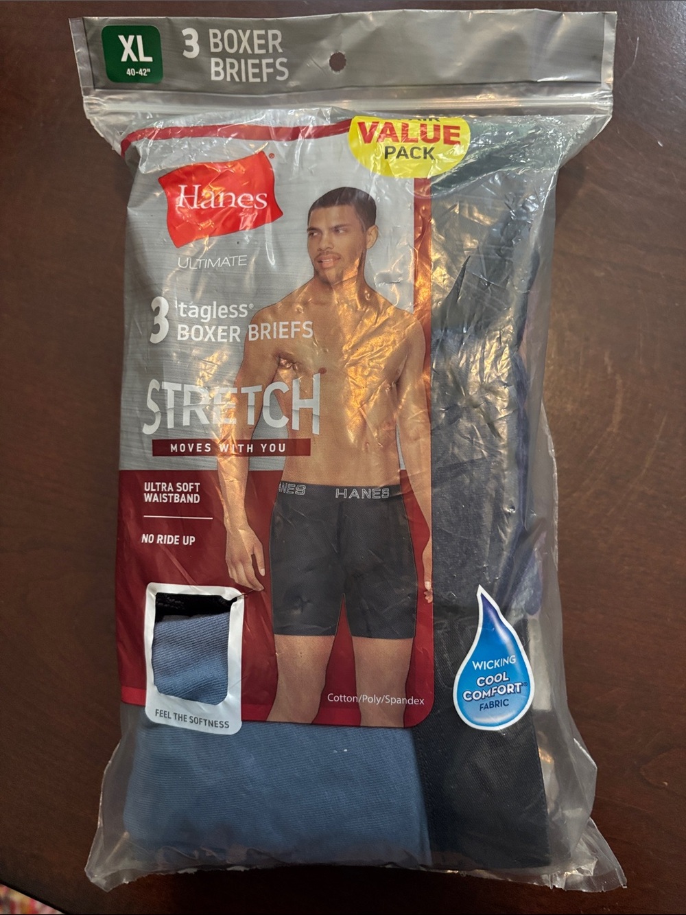 Hanes 3 pack Stretch Tagless Boxer Briefs - Navy, Light Blue & Gray NWT